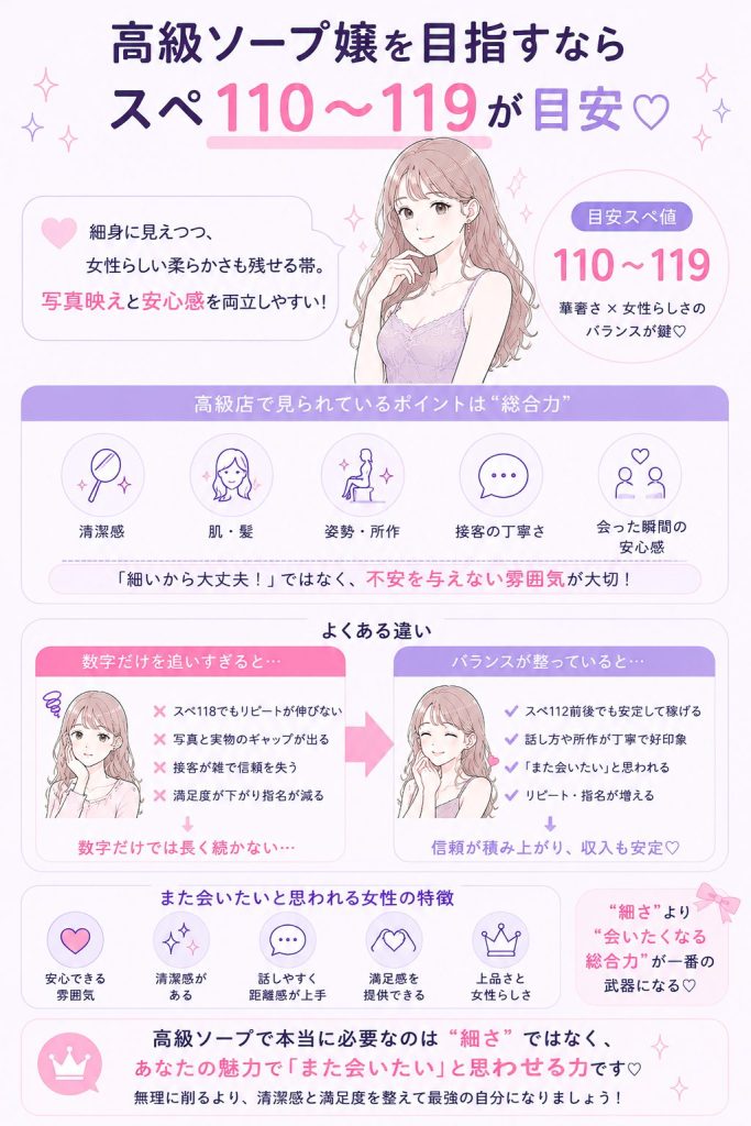 高級ソープ嬢を目指すならスペ110〜119が目安